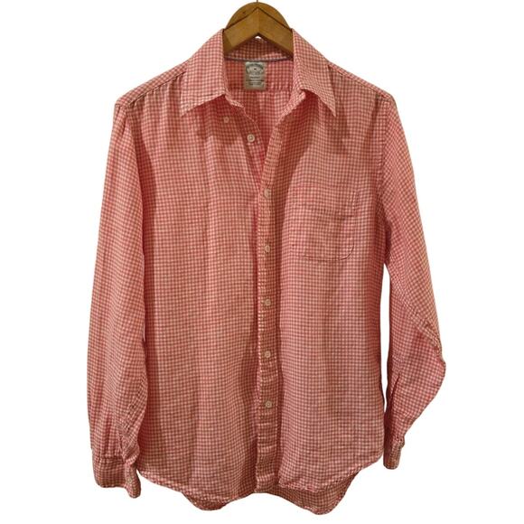 Brooks Brothers Baird McNutt Linen Pink White Gingham Button Down Shirt Medium - Picture 1 of 9